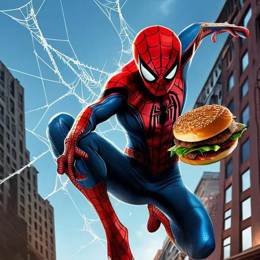 Prompt: Spider-Man eat burger