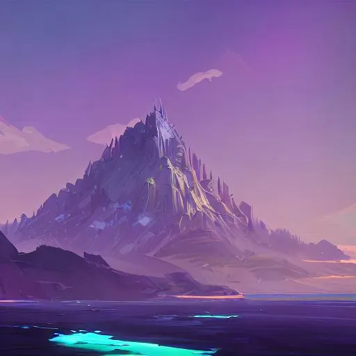 Prompt: mountain in the middle of the sea with purple beach.