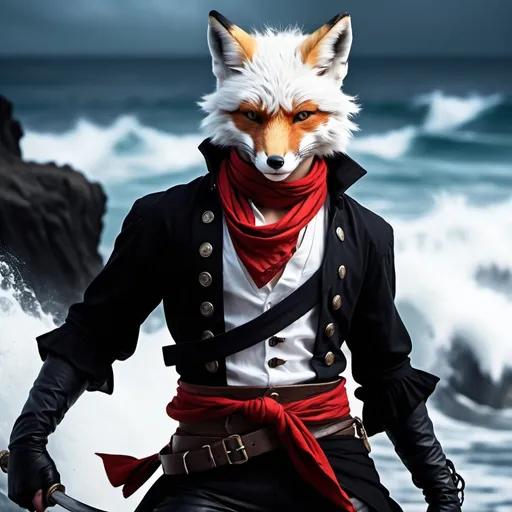 Prompt: (white-red fox boy), swashbuckler attire, dynamic pose, fierce expression, sharp claws exposed, neck scarf, detailed textures in clothing, striking red, white, and black color scheme, captivating background featuring a mystical ocean, (high contrast lighting) emphasizing features, (4K), vibrant colors, dramatic atmosphere, enchanting waves, fantastical elements, intense and bold style.