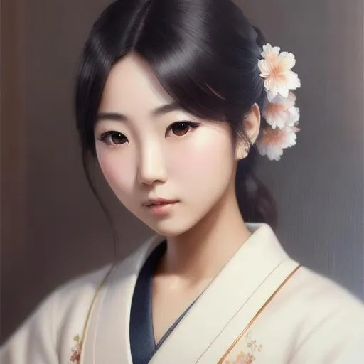Prompt: beautiful japanese girl oil painting, UHD, 8k, Very detailed, beaitiful girl, cinematic, realistic, photoreal, trending on artstation, sharp focus, studio photo, intricate details