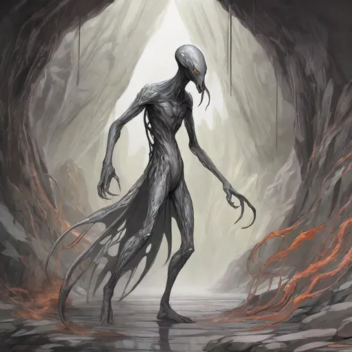 Prompt: {{{{{{{Gelatinous Body}}}}}}}, Full Body Grey Skin, Grey Slime Body, tentacles, humanoid claws, slender lizard tail, sharp fangs, no eyes, wielding two psionic daggers, fantasy setting, cave background, combat stance, colored, Ultra high quality, Slenderman build, sketch, drawing