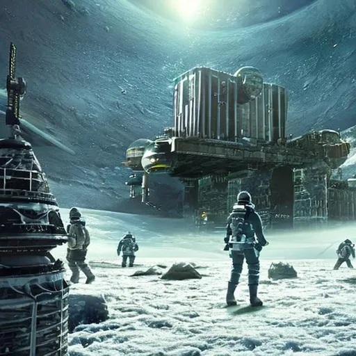 Prompt: ((The Happy Traitor)), ((submarine)), underwater, moon, Saturn's moon Europa, under ice, logo, Barotrauma server, icon, space station penetrating through the ice, spaceship landing, people carrying crates with heavy lifting mechs, ((((space suit)))), opening in the ice, (station that reaches underwater and over the thick ice), ((movie cgi)),