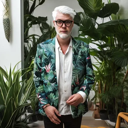 Prompt: Norwegian DJ with short, white hair. Danish modern house with tropical plants. Large bifocals. Blazer. He has a dog.