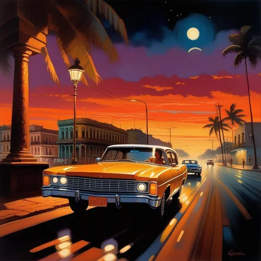 Prompt: 1970s, Havana at night, car chase, warm atmosphere, cartoony style, extremely detailed painting by Greg Rutkowski and by Henry Justice Ford and by Steve Henderson