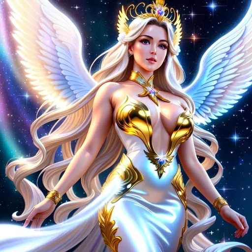 Prompt: A hyper realistic detailed full body image of a flying feminine ((sexy woman)) who has ((sparkling white in eyes)), ((magic angel white in hair)) with ((sexy outfit)) with a plunging neckline, angel wings, golden halo, balayage wild hair, fairy dust, shy cute posture and face expression, highly detailed, digital painting, Trending on artstation, HD quality, ((huge ass)), ((sexy))