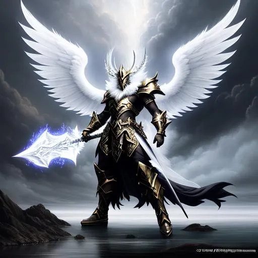 Prompt: Oil painting, landscape, UHD, 8K, highly detailed, panned out view of the character, visible full body, ethereal, unnatural grey-skinned menacing white angel wings with sparkling feathersin battle stance resembling the Druid from Diablo 2 Lord of Destruction character. He has big claws that uses to attack