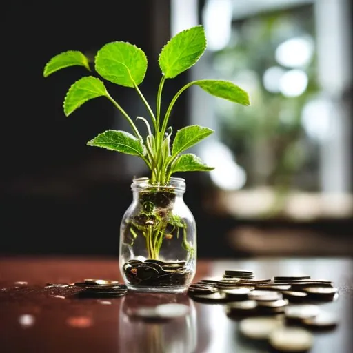 Prompt: a plant sprouting from a glass filled with coins on a dark brown table