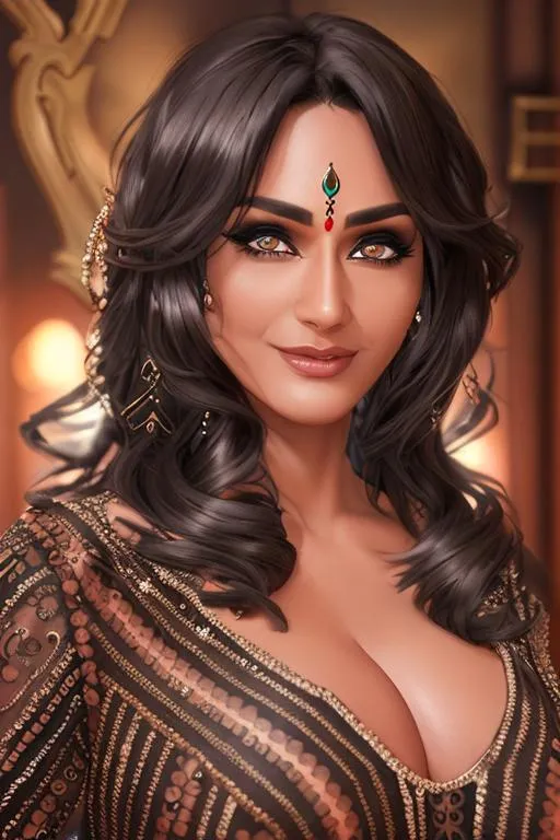 Prompt: A hyper realistic detailed indian milf who is demon tattooed, ((nude)), hyperdetailed dark hair, master piece, full body, complete body view, ((hunge breast)) ((hyper realist nipples)) ((hyperdetailed eyes)) ((perfect pussy)) ((hyperdetailed pussy)) ((vagina)), perfect body, perfect anatomy, ultra-realistic, 3d lighting, beauty, sensual feminine romance, professional, sensual feminine, perfect composition, unreal engine 8k octane, 3d lighting, UHD, HDR, 8K, render, HD, trending on artstation, front view, ((sexy))