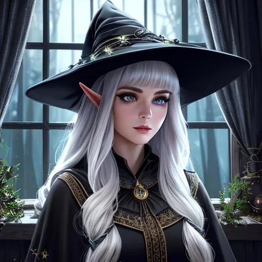 Prompt: half body portrair, female elf, witch, magical, detailed face, detailed eyes, full eyelashes, ultra detailed accessories, detailed interior, robes, witch hat with stars, short braided hair, bangs, dnd, artwork, dark fantasy, raining background, tree house interior, looking outside from a window, inspired by D&D, concept art, night time