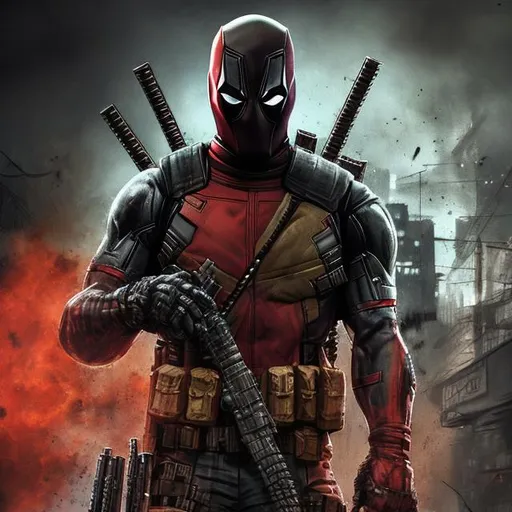 Prompt: Redesigned Gritty black and dark khaki cyber futuristic military commando-trained villain deadpool. Bloody. Hurt. Damaged mask. Accurate. realistic. evil eyes. Slow exposure. Detailed. Dirty. Dark and gritty. Post-apocalyptic Neo Tokyo with fire and smoke .Futuristic. Shadows. Sinister. Armed. Fanatic. Intense. 