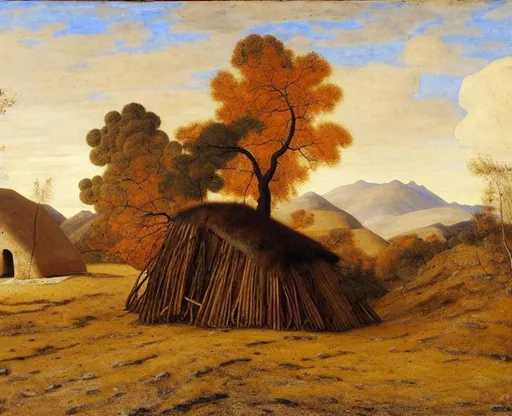 Prompt: ruined hut, bare trees landscape, painting by caspar minoru nomata, mongolian painting, ernst haeckel, georges lemmen, belmiro de almeida, mughal painting, andrea del castagno, quantum tracing, composition is covered with smallest distinct looping lines, interlaced, oxide texture, rust texture, ethereal hues, extremely finest linear surface texture, textured, hdr soft diffused light, sharp focus extremely detailed fantasy intricate 8k dynamic lighting fantastic view crisp quality orderly Meticulous intricate details.