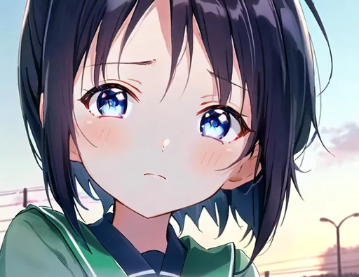 Prompt: UHD HDR Close-up Side View of Sad Young Schoolgirl, Shinobu Maehara, Looking Sideways. Dark Hair. Teary Blue Eyes. Green clothes. Hinata Street, Kanagawa. Soft Evening Sky Accentuating her Adorable cuteness. Kawaii