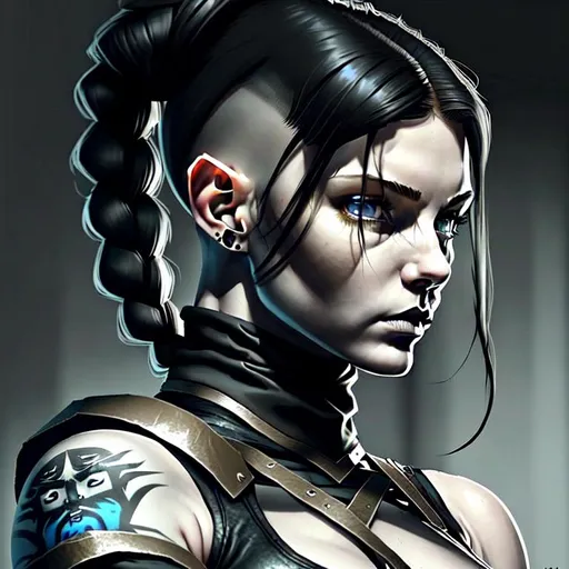Prompt: Female Rogue Goliath/Half-Elf Ancestry Black Hair, The Right Side Of The Head Is Shaved Up Higher About 2 Inches Above The Ear, A Single Braid Is Made To Drape Over Her Left Shoulder she has Blue Eyes. She has very pale skin ash gray skin. About 17 or 18 years old. she wears black leather armor. 4k realistic detail