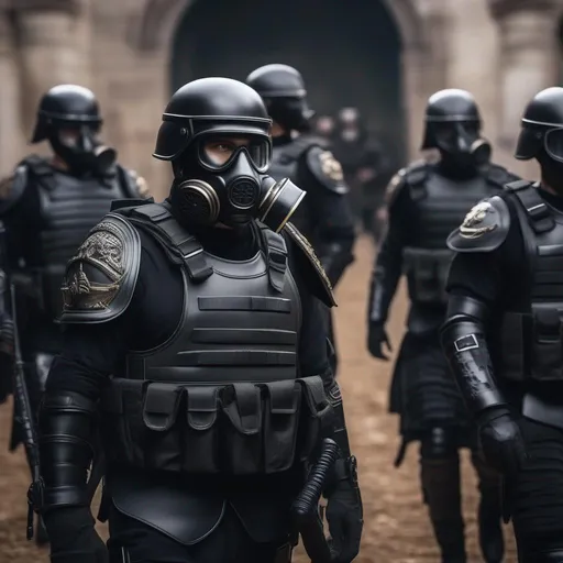 Prompt: Several modern roman military male in black military roman armor, and gas mask, background last days in earth, Hyperrealistic, sharp focus, Professional, UHD, HDR, 8K, Render, electronic, dramatic, vivid, pressure, stress, traumatic, dark.