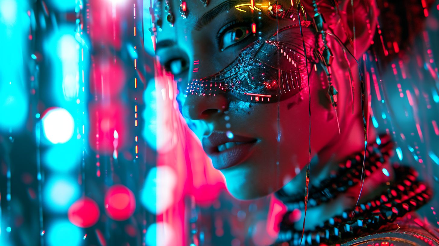 Prompt: Raw photo portraying a futuristic, humanoid figure adorned with intricate jewelry, electronic interfaces, and vibrant patterns on her attire. Her gaze is intense, and her skin glows with a mix of natural and neon hues. Cascading digital rain and illuminated lines surround her, enhancing the cybernetic ambiance.