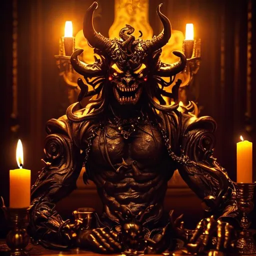 Prompt: ((smiling, dark and intimidating)), in an opulent candle lit room a demon sits at the opposite side of the table watching the viewer intently.