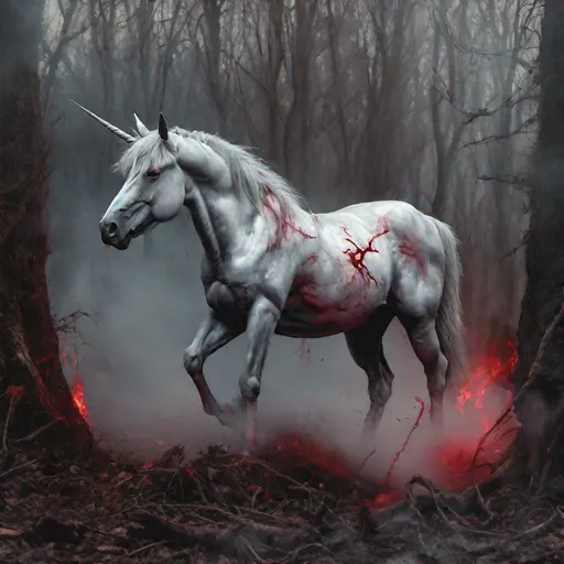 Prompt: unicorn melting into smoke, blood red eyes, surrounded by dark forest, delicate, menacing, smoky, foggy, hyper realistic, photo realistic, beautifully detailed 