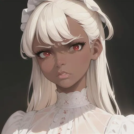 Prompt: (masterpiece, illustration, best quality:1.2), brown skin, angry face, detailed eyes, Victorian style, pixie haur style, white hair, devilish like white eyes, wearing white nightgown, best quality face, best quality, best quality skin, best quality eyes, best quality lips, ultra-detailed eyes, ultra-detailed hair, ultra-detailed, illustration, colorful, soft glow, 1 girl