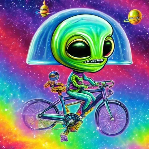 Prompt: Alien riding a bicycle in outer space in the style of Lisa frank