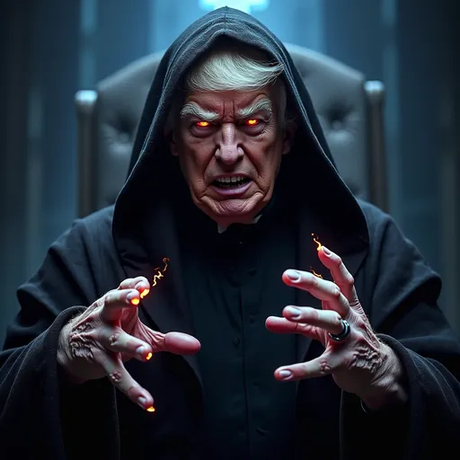 Prompt: "Ultra-realistic portrait of Donald Trump transformed into Emperor Palpatine with hooded cload from Star Wars, with wrinkled, pale Sith-like skin, glowing yellow-red eyes, and a sinister sneer. He wears a dark, tattered Sith robe with a high collar, standing in a shadowy throne room with eerie blue lighting. His hands are curled like claws, crackling with Sith lightning, and his expression is furious, exuding dark side energy. Hyper-detailed facial textures, cinematic lighting, and a dramatic, ominous atmosphere. Style: Photorealistic, blending Trump's features with Palpatine's iconic look, inspired by Star Wars: Episode III."