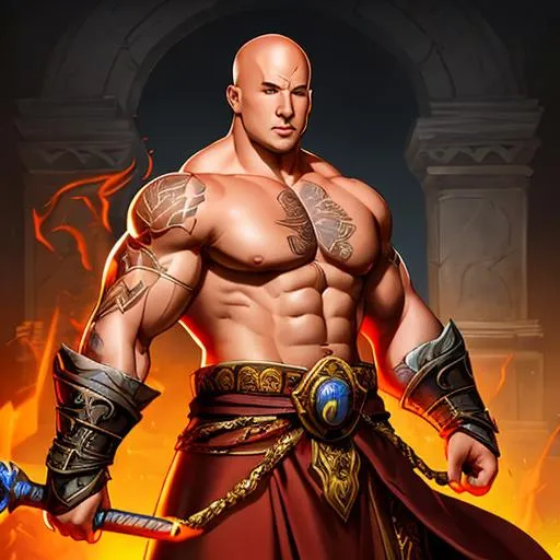 Prompt: Splash art of a bald muscular monk in the art of Diablo. He has a brutish physique with scars on his face and body. His eyes are fiery fierce. He has a round nose and a wry smile, with grey lips.