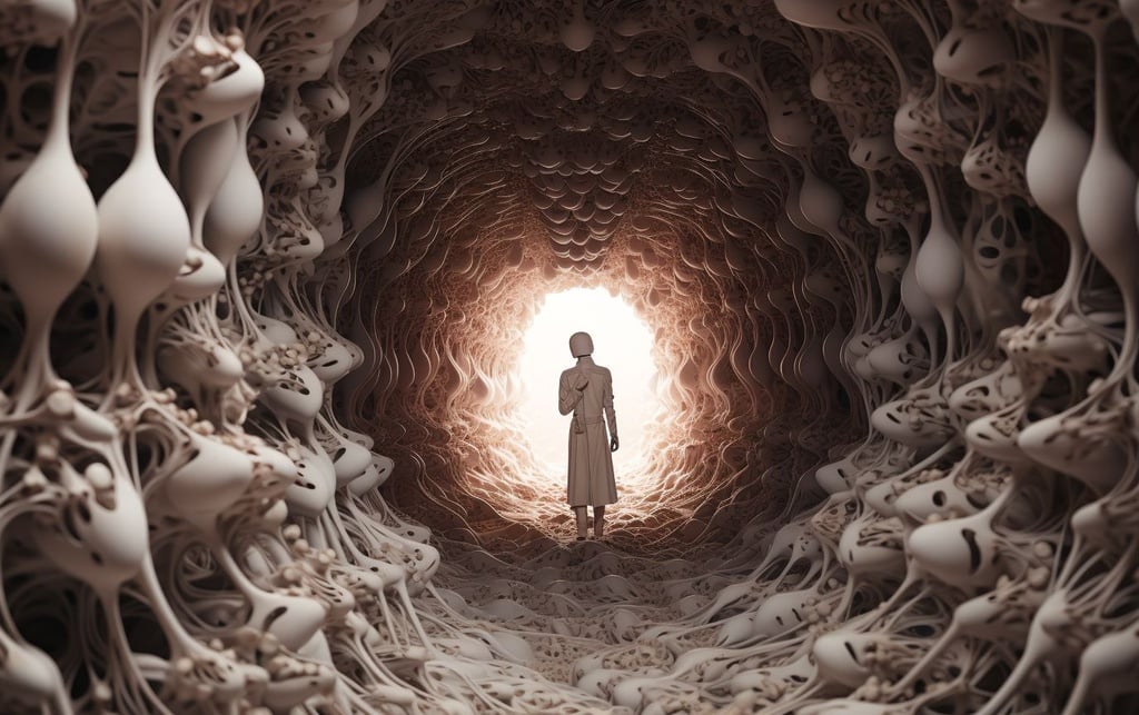 Prompt: a person standing in a tunnel surrounded by multiple skulls, in the style of adam martinakis, porcelain, tony cragg, intricate landscapes, hans christian andersen, high detailed, immersive