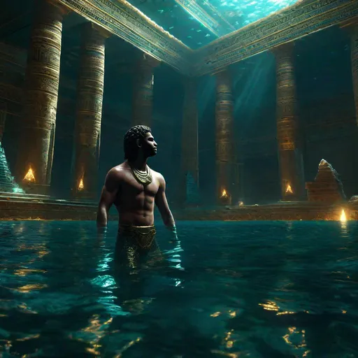 Prompt: "((Full-body shot of Ancient Egyptian merman swimming in glittering underwater sunken Egyptian palace))!! Centred mid-distance mid-angle view; Mediterranean corals and deep sea; intricately hyperdetailed epic dramatic lifelike epic photorealistic movie concept painting; EJ Poynter; WLOP; Raphael Lacoste; Dan Witz; Aivazovsky; rich contrasting colours; meticulously detailed complex divination masterpiece; Cinema 4D render; volumetric lighting; amazing depth"