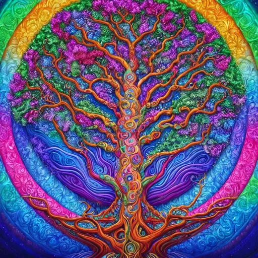 Prompt: Extreme quality, dream psychedelic spiritual glorious portrayal of a majestic tree that represents  life of all things and unified oneness 8k, ,the tree is a beautiful woman , representing the mother of all things in the style of Morgan mandala and and Kirsten zirngibl Seth McMahon spectacular
