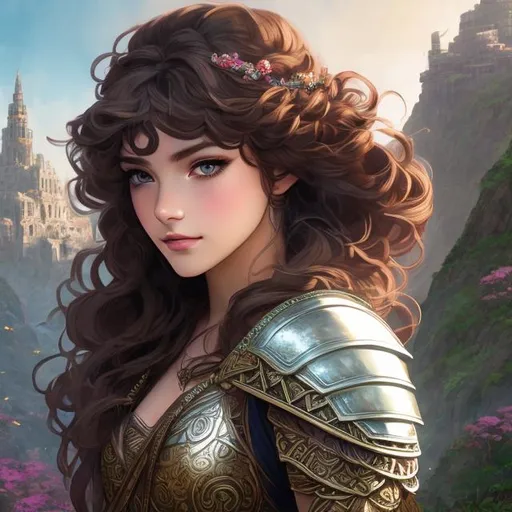 Prompt: Greek Mythology, leather armor,  adventurer, DnD concept art, In a busy market, half body portrait, cleric, detailed face, detailed vibrant eyes, full eyelashes, ultra detailed accessories, city background, curly messy braided hair, bangs, dnd, artwork, fantasy,inspired by D&D, concept art, ((looking away from viewer)), ((Art inspired by studio ghibli))