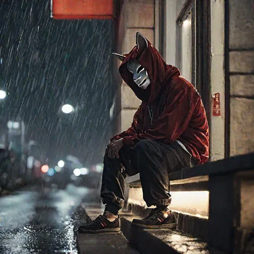 Prompt: A man in a hoodie with a kitsune mask on sitting on a ledge at night in the rain