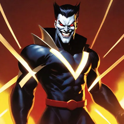 Prompt: Mister Sinister from the X-Men comics, grinning, glowing white eyes, pale white face, yellow background, warm spotlights, from different angles, studio lighting, action shot, 4k render, cover art. 