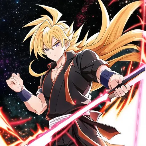 Prompt: Man as a Super Saiyan God, Dokkan Battle, Fire, wearing a Black gi, night time, stars