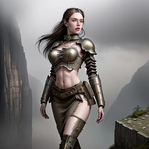Prompt: Realistic historical dystopian landscape, heavy mist, at the edge of a mountain,

Depicting a female Steampunk High Fantasy Time Keeper, an exquisite portrayal of an exotic, gorgeous, slender, ultra realistic young adult woman placing her armor on her body, wearing a heavy iron collar, 

Gorgeous detailed facial features, long legs, vibrant sumptuous perfect body, ultra pale, visible midriff, 

Perfect studio lighting, perfect shading, Professional Photo Realistic Image, RAW, artstation, splash style dark fractal paint, contour, hyper detailed, intricately detailed, unreal engine, fantastical, intricate detail, steam screen, complimentary colors, fantasy concept art, 64k resolution, deviantart masterpiece, splash arts, ultra details Ultra realistic, hi res, UHD, 64k, 3D rendering.