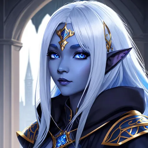 Prompt: half body portrait, female , elf, cleric, drow, dark elf, blue skin, ((blue skin:0.6)), blue pointed ears, detailed face, detailed eyes, full eyelashes, ultra detailed accessories, detailed interior, city background, ((wearing full black robes:0.8)), full caplet and hooded, armored. clothes covering chest, collared shirt, robes covering chest, ((curly hair:0.6)), short hair, bangs, dnd, artwork, dark fantasy, tavern interior, looking outside from a window, inspired by D&D, concept art, night time, ((looking away from viewer:0.9))
