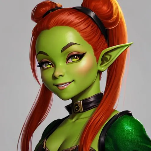 Prompt: oil painting, D&D fantasy, young green-skinned-goblin girl, green-skinned-female (tiny petite body), beautiful face, mischievous grin, short fiery red hair, pigtails, pointed ears, fangs, looking at the viewer, #3238, UHD, hd , 8k eyes, detailed face, big anime dreamy eyes, 8k eyes, intricate details, insanely detailed, masterpiece, cinematic lighting, 8k, complementary colors, golden ratio, octane render, volumetric lighting, unreal 5, artwork, concept art, cover, top model, light on hair colorful glamourous hyperdetailed medieval city background, intricate hyperdetailed breathtaking colorful glamorous scenic view landscape, ultra-fine details, hyper-focused, deep colors, dramatic lighting, ambient lighting god rays, flowers, garden | by sakimi chan, artgerm, wlop, pixiv, tumblr, instagram, deviantart