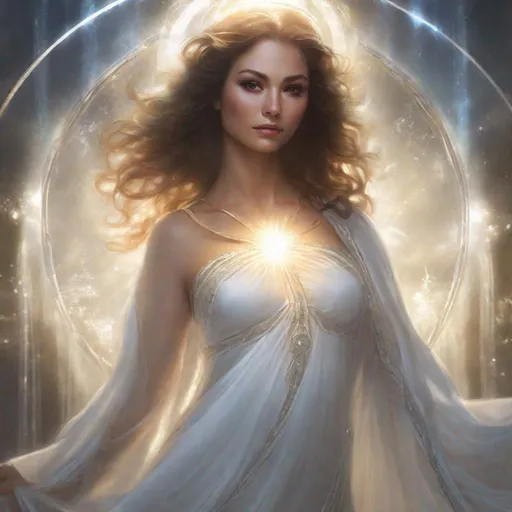 Prompt: From Heaven appears a very well endowed female figure in transparent white with a halo of light behind her. 