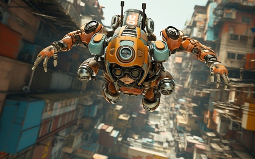 digitally animated female robot flying in the air, i...