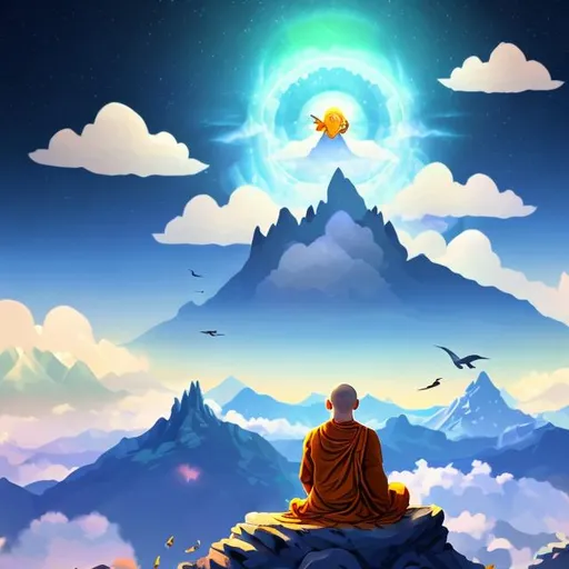 Prompt: MONK IN MEDITAION OVER MOUNTAINS WITH CLOUDS AND BIRDS SUN  MOON
