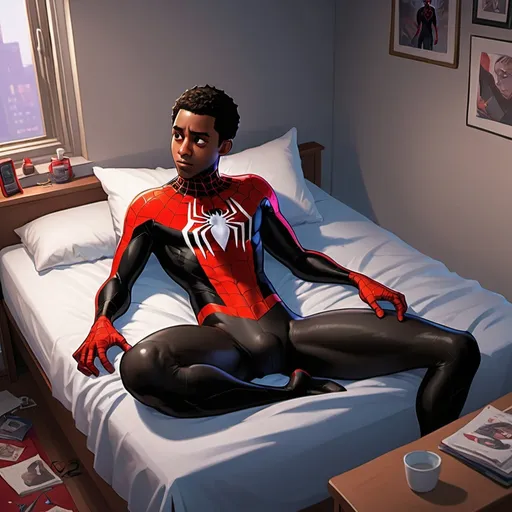 Prompt: Generate a semi-realistic Cartoon of Miles Morales laying fast asleep on his bed,suit removed, wearing only a jockstrap and his lightly hairy legs, showing his messy room blending elements of realism with a cartoon aesthetic.