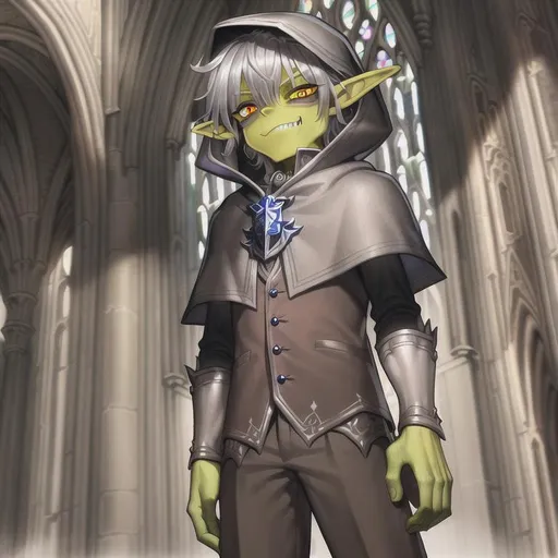 Prompt: Intellegent looking goblin boy with green skin and medium hair wearing a hood made of dark brown hessian with silver accents and details in large cathedral wearing silver broach, green skin, single character, standing