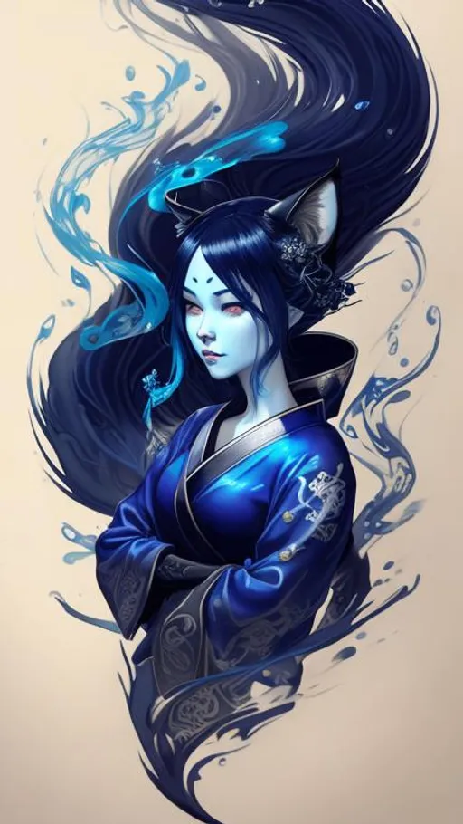 Prompt: intricate calligraphy smoke ink, yokai, fox portrait, kitsune, flowing robes, dripping midnight blue  silver paint, water,  stylized fantasy art by WLOP, artgerm, peter mohrbacher,  ilya kuvshinov, peter mohrbacher and mamoru oshii,  trending on artstation