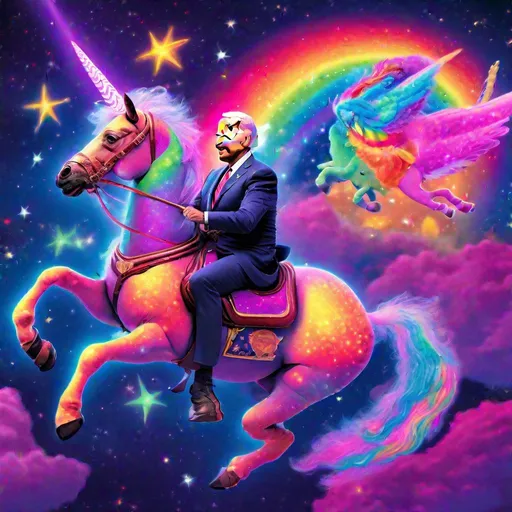 Prompt: President Joe Biden riding a fantasy neon rainbow colored unicorn in space, fantasy, neon colors, 