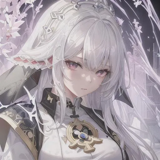 Prompt: masterpiece, illustration, best quality:1.2), 1girl, solo, full body aponia, yae miko, white hair, dignfied, finely detailed, detailed face, beautiful detailed eyes, beautiful detailed shading, raining, arknights, nun, Splash art, front, artstation, hyperdetailed intricately detailed , unreal engine, fantastical, intricate detail, splash screen, complementary colors, fantasy concept art, heavy strokes, splash arts, white hair, full height, full body, wears a long black robe
