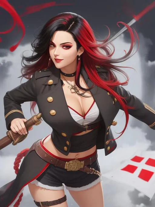 Prompt: ombre red-black hair, pirate captain, eyepatch, solo, mole under eye, happy, mole on body, fullbody, midriff, ((full body)) {{good looking}} {{cute}} {{good body}} {{tight}}, symmetrically colored hair, {{shadows}},
