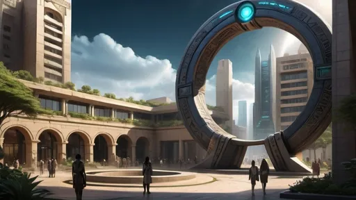 Prompt: magical portal between cities realms worlds kingdoms, circular portal, ring standing on edge, upright ring, freestanding ring, hieroglyphs on ring, complete ring, ancient babylonian architecture, gardens, hotels, office buildings, shopping malls, large wide-open city plaza, turned sideways view, futuristic cyberpunk tech-noir setting