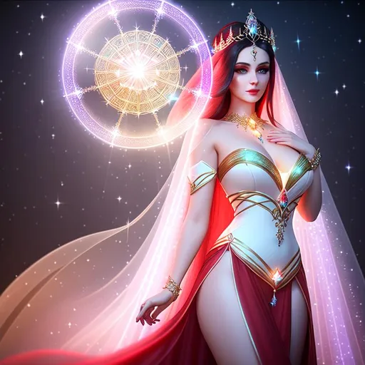 Prompt: Beautiful ethereal girl, ((snow white skin)), magic glowing orbs, ((wearing diamantine intricate gown)) ((long bright red straight hair)), glowing, trails of light, wisps, soft white skin, slight sparkles, unreal engine 8k octane, 3d lightning, stellar, quartz, gem rain, luminous chest, fantasy, cleavage, gothic, goth