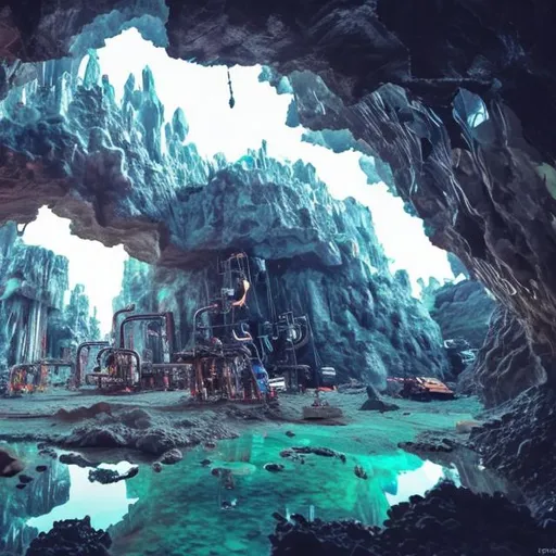 Prompt: Quartz mining caves with futuristic elements set in Southeast Asia