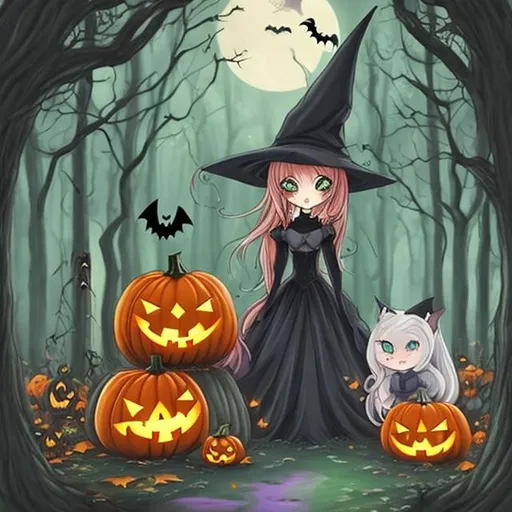 Prompt: Draw an anime Halloween pumpkin in a beautiful fairytale forest surrounded by tricolour cats and black cats and an anime witch