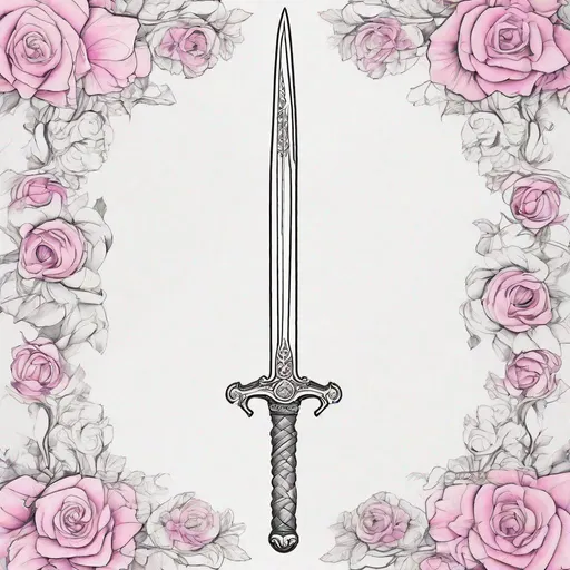 Prompt: Create me a simple straight short sword, the picture should be in black and white, pencil drawn, and a floral border and white background, the only thing that should have color is the pink flowers