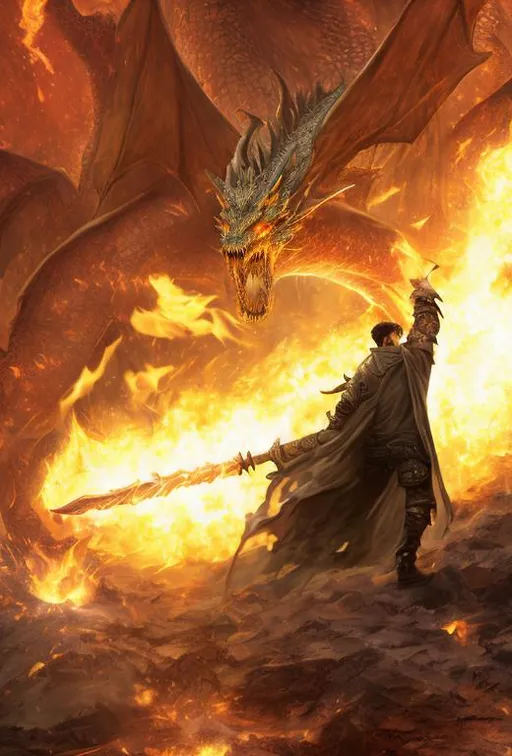 Prompt: a man that is standing in front of a dragon, flaming sword, inspired by Michael Komarck, arsen lupin as a paladin, molten, standing over a fallen foe, sparks of fire flying, alfric overguard, golgari findbroker, detailed image